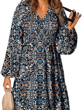 Floral V-Neck Mini Dress - Blue & Black